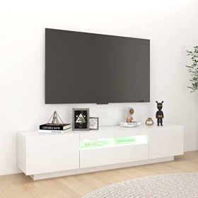 Hovothy Meuble TV avec Lumières LED RVB Blanc Brillant 180x35x40 cm Aggloméré Décoration Salon Armoire Multimédia Rangement A