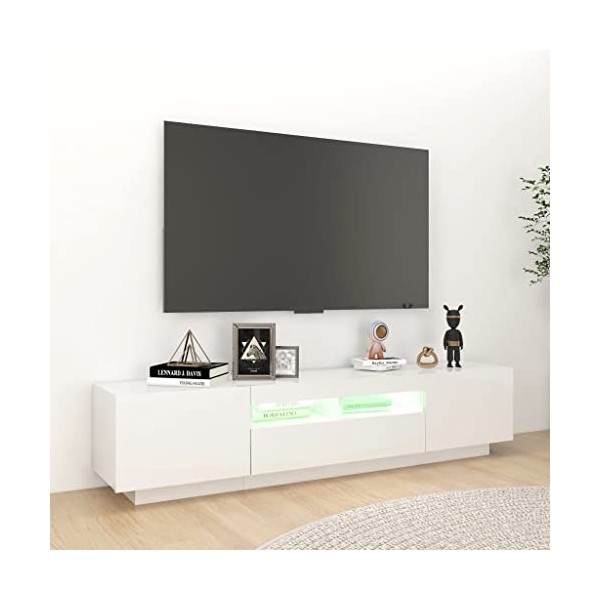 Hovothy Meuble TV avec Lumières LED RVB Blanc Brillant 180x35x40 cm Aggloméré Décoration Salon Armoire Multimédia Rangement A