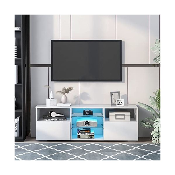 GGMWDSN Meuble TV LED, Meuble TV LED Table Meuble 130 Cm avec éClairage LED RGB 16 Couleurs, Rangement, FaçAde Blanche Brilla