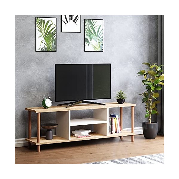 [en.casa] Meuble TV de Salon Support Banc Télé avec Espaces de Rangement Panneau de Particules Bois de Hêtre 43 x 120 x 29 cm