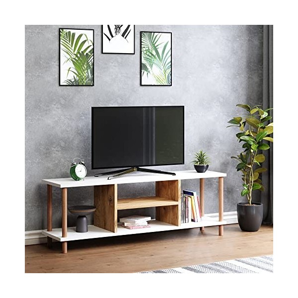 [en.casa] Meuble TV de Salon Support Banc Télé avec Espaces de Rangement Panneau de Particules Bois de Hêtre 43 x 120 x 29 cm
