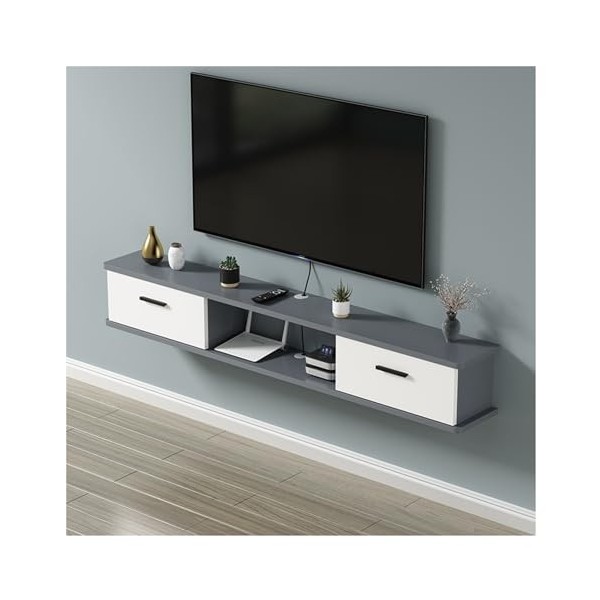 Meuble TV Mural Flottant avec Prise De Courant, Console Multimédia Murale avec Trous pour Câbles, Centre De Divertissement Mo