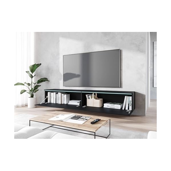 Meuble TV Donna, Largeur 180 cm, Lowboard TV, Debout ou Suspendu, Meuble Salon, Panneaux de Particules stratifiés, Style Mode