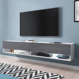 Selsey Meuble tv, Blanc Mat/Gris Brillant, 180 x 32,5 x 30