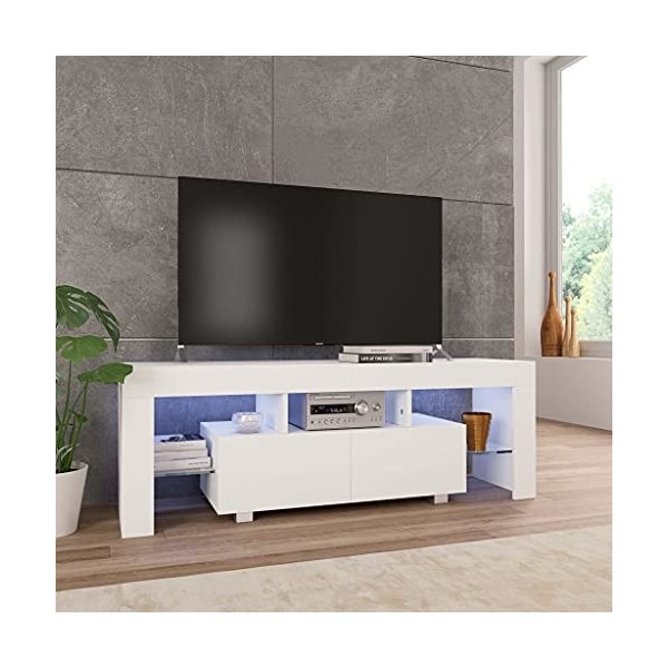 Maxspace TV Meuble, Meuble Tele, Meuble TV Chambre, Meuble TV IindustrielMeuble TV avec lumière LED Blanc Brillant 130 x 35 x