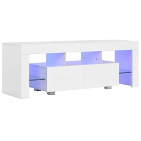 Maxspace TV Meuble, Meuble Tele, Meuble TV Chambre, Meuble TV IindustrielMeuble TV avec lumière LED Blanc Brillant 130 x 35 x