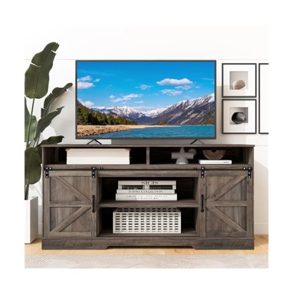 Grand Meuble TV Meuble Bas pour Téléviseurs Jusquà 65" Buffet Centre De Divertissement avec 2 Portes Coulissantes Étagères R