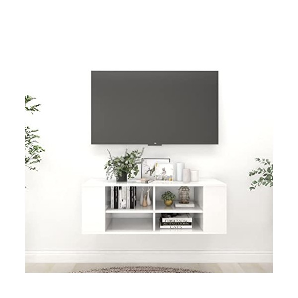 Keyur Meuble TV Suspendu, Meuble TV Mural Design Étagère Murale pour Télévision Meuble TV Mural Blanc Brillant 102x35x35 cm A