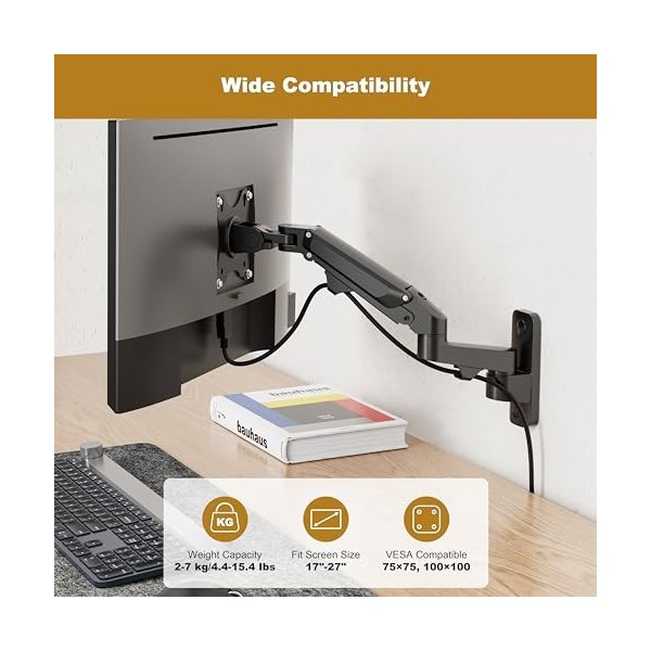 RICOO Support Mural pour Moniteur S4411 orientable inclinable écran PC 17-27" 43-69cm Bras articulé TV LCD LED incurvée VES