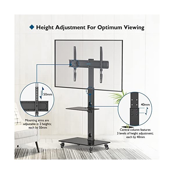 BONTEC Meuble TV avec roulettes pour écrans Plasma/LCD/LED de 30 à 70 Pouces jusquà 40 kg, 6 réglages de Hauteur avec étagèr