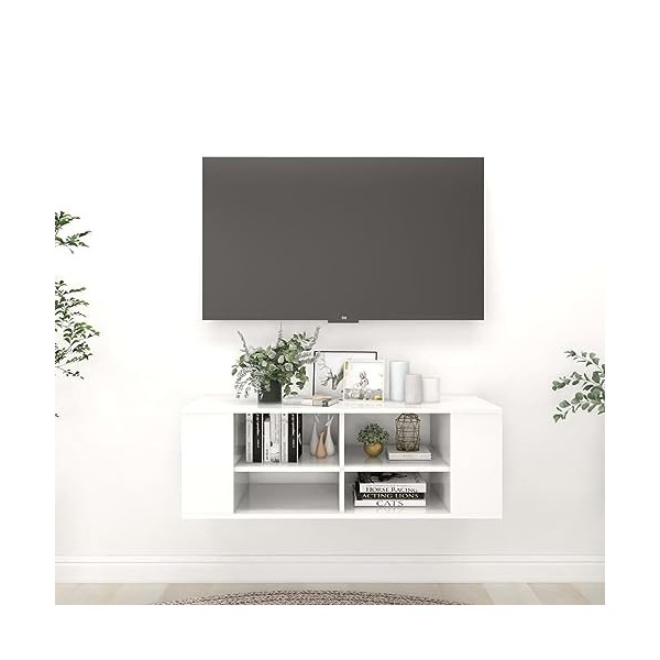 BaraSh Meuble TV Mural Blanc Brillant 102x35x35 cm Aggloméré,Table Television Salon,Meuble Télé Haut,Meuble TV Haut