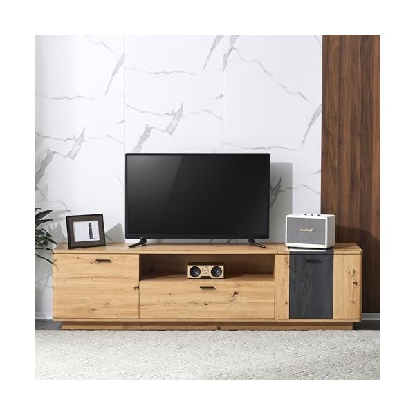 HAINEW Meuble TV bas, 180 cm de large, pour TV de 80", moderne, avec 1 tiroir et 2 portes, grain de bois, coins arrondis, ave