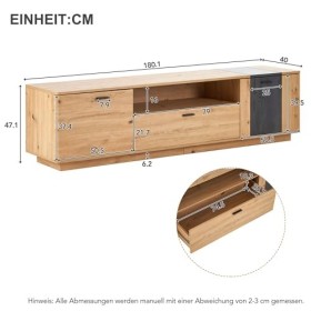 HAINEW Meuble TV bas, 180 cm de large, pour TV de 80", moderne, avec 1 tiroir et 2 portes, grain de bois, coins arrondis, ave