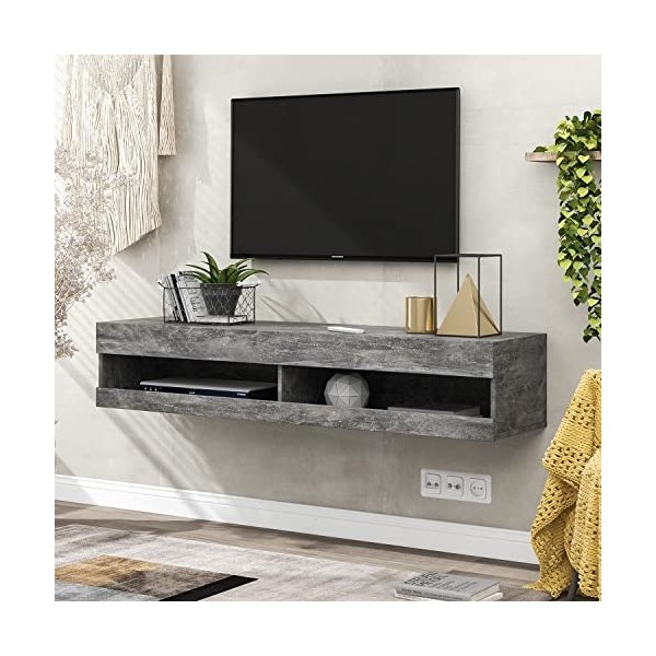 GGMWDSN Tableau TV Meuble Mural Suspendu Marbre Gris, Compartiments Ouverts et Gestion des CâBles Meuble TV Lowboard Bois pou