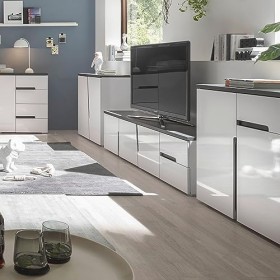 Stella Trading Boston Bas en Blanc, Anthracite – Meuble TV Moderne avec tiroirs et Beaucoup despace de Rangement pour Votre 