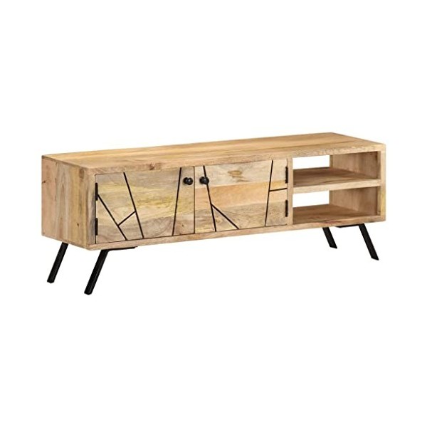 Higsose Meuble TV Salon 100x30x45 cm avec 2 Tiroirs Bois de Manguier Massif Centre de Divertissement Offrant Espace Suffisant
