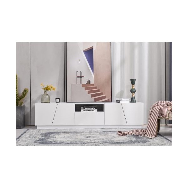 HAINEW Meuble TV moderne blanc brillant pour salon, salle à manger, style patchwork biseauté - 170 x 42 x 37 cm