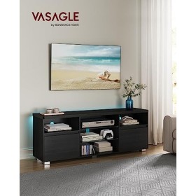 VASAGLE Meuble TV avec LED, Table Télé Moderne pour Les Téléviseurs Jusqu’à 70 Pouces, avec Étagères Ouvertes en Verre, 2 Pla