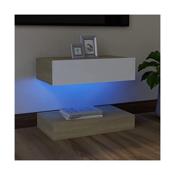 Maxspace TV Meuble, Meuble Tele, Meuble TV Chambre, Meuble TV IindustrielMeuble TV avec lumières LED Blanc et chêne Sonoma 60