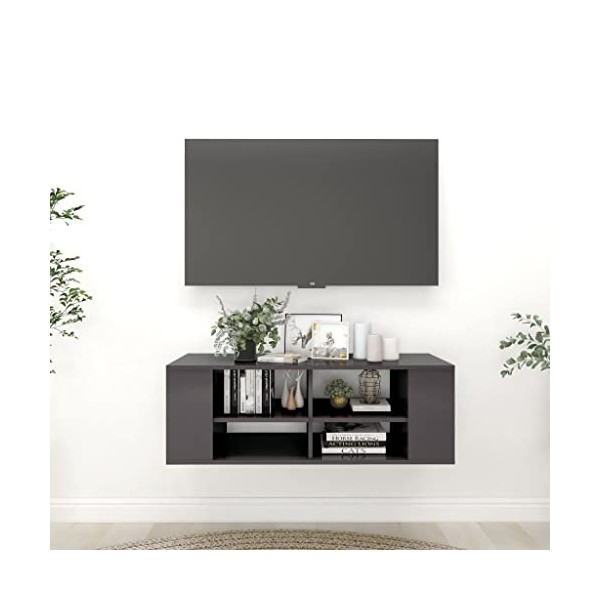 Meuble TV Suspendu | Style Contemporain | Rangement matériel télé Audio Video Gaming | 102x35x35cm Gris Brillant