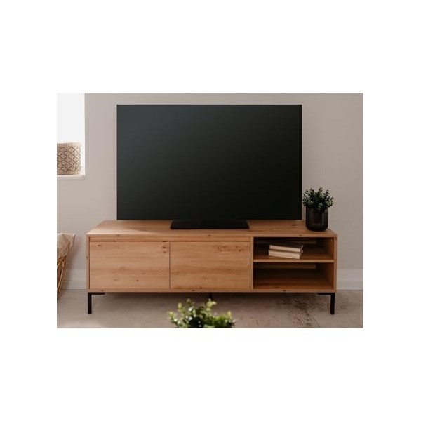 CaliCosy Meuble TV 2 Abattants 2 Niches Plock - en Panneaux de Particules - Décor Chêne Artisan - pour Salon - L150 x H49 x l