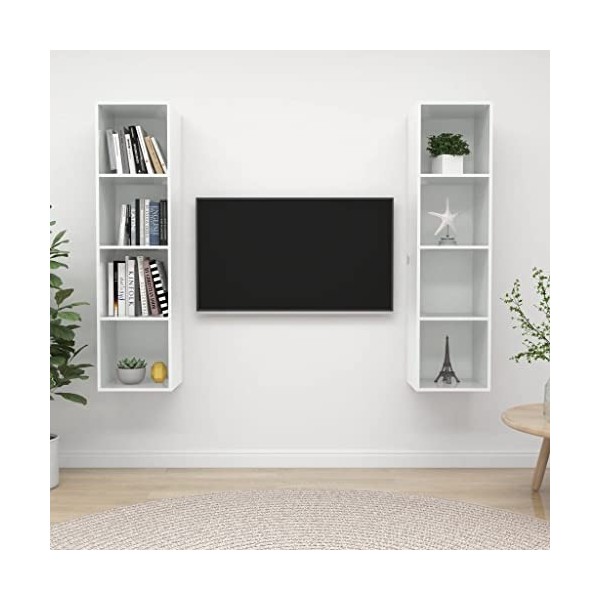 Table de télévision basse, Simplicité et élégance Meubles muraux pour TV 2 pièces aggloméré Blanc avec brillance Meuble TV Sa