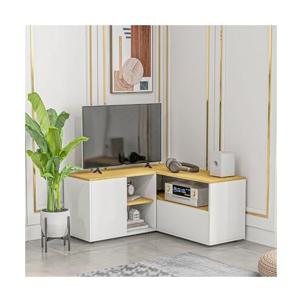 HOMCOM Meuble TV dangle Banc télévision jusquà 40 Pouces avec rangements Aspect Bois Clair et Blanc