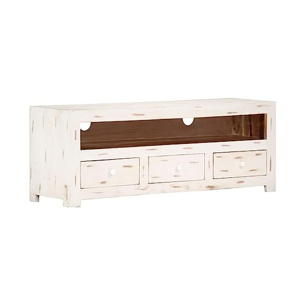 Meuble TV Bois Massif dacacia 110x30x40 cm Blanc - Banc TV, Meuble TV Suspendu, Convient pour Salon ou Chambre