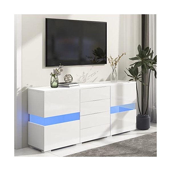 Yiiannda Buffet LED - Meuble TV brillant - 2 portes et 4 tiroirs - Pour salon, buffets, crédences - Meuble TV pour salon - Bl