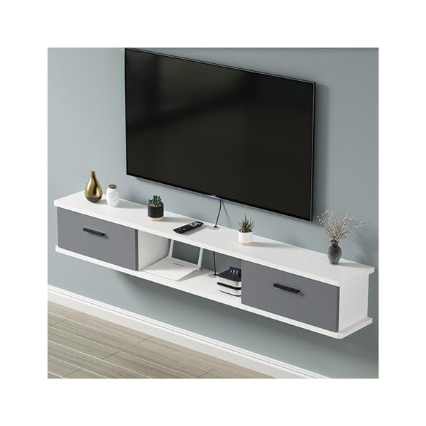 Support de Meuble TV Mural Flottant avec Prise de Courant, Console multimédia Murale avec Trous pour câbles, Support de Range