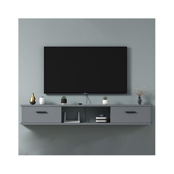 Support de Meuble TV Mural Flottant avec Prise de Courant, Console multimédia Murale avec Trous pour câbles, Support de Range