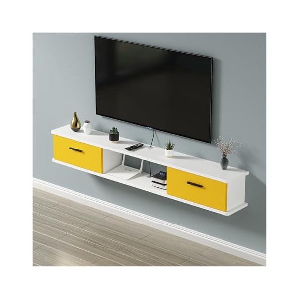 Support de Meuble TV Mural Flottant avec Prise de Courant, Console multimédia Murale avec Trous pour câbles, Support de Range