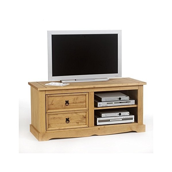 IDIMEX Meuble TV Tequila Style Mexicain 120 cm avec 2 tiroirs et 2 niches pin Massif Finition cirée