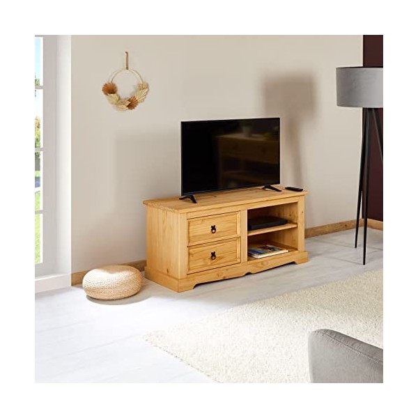 IDIMEX Meuble TV Tequila Style Mexicain 120 cm avec 2 tiroirs et 2 niches pin Massif Finition cirée