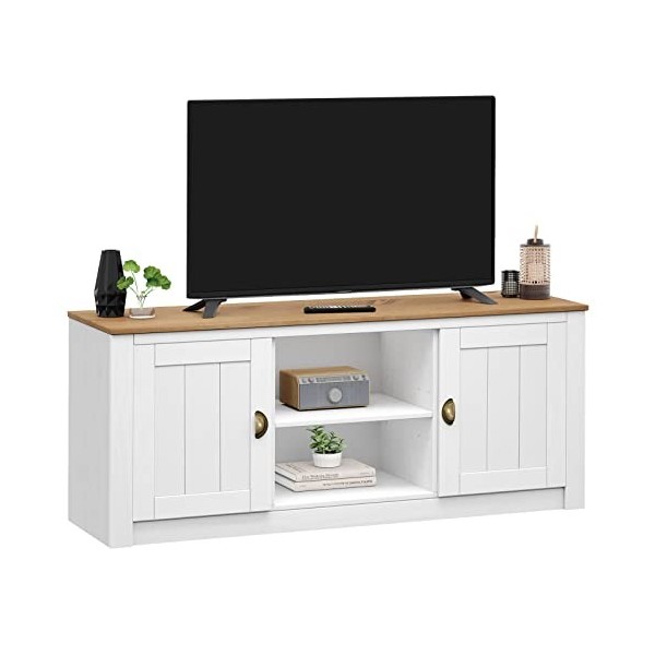IDIMEX Meuble TV Bolton Banc TV de 138 cm, avec Rangement 2 Portes et 2 niches, en pin Massif lasuré Blanc et Brun
