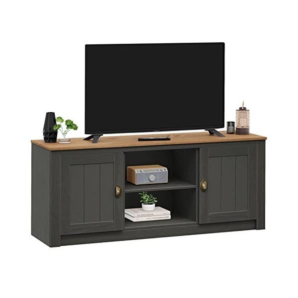 IDIMEX Meuble TV Bolton Banc TV de 138 cm, avec Rangement 2 Portes et 2 niches, en pin Massif lasuré Blanc et Brun