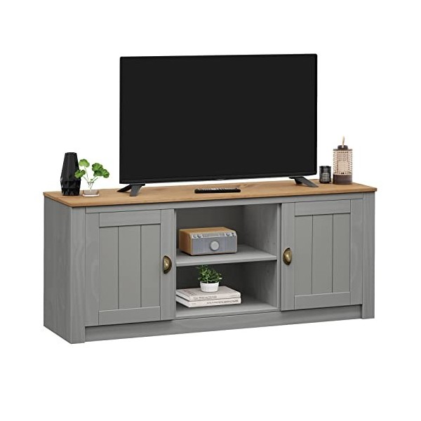 IDIMEX Meuble TV Bolton Banc TV de 138 cm, avec Rangement 2 Portes et 2 niches, en pin Massif lasuré Blanc et Brun