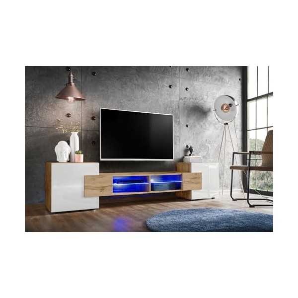 Komodee, Meuble Banc TV Merano, Noir/Wotan, Largeur 230 cm x Hauteur 52,5 cm x Profondeur 35 cm, sans LED, pour Salon, Chambr