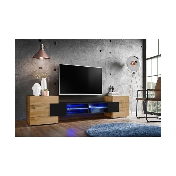 Komodee, Meuble Banc TV Merano, Noir/Wotan, Largeur 230 cm x Hauteur 52,5 cm x Profondeur 35 cm, sans LED, pour Salon, Chambr