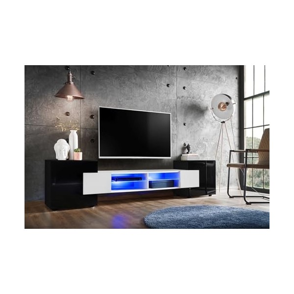 Komodee, Meuble Banc TV Merano, Noir/Wotan, Largeur 230 cm x Hauteur 52,5 cm x Profondeur 35 cm, sans LED, pour Salon, Chambr