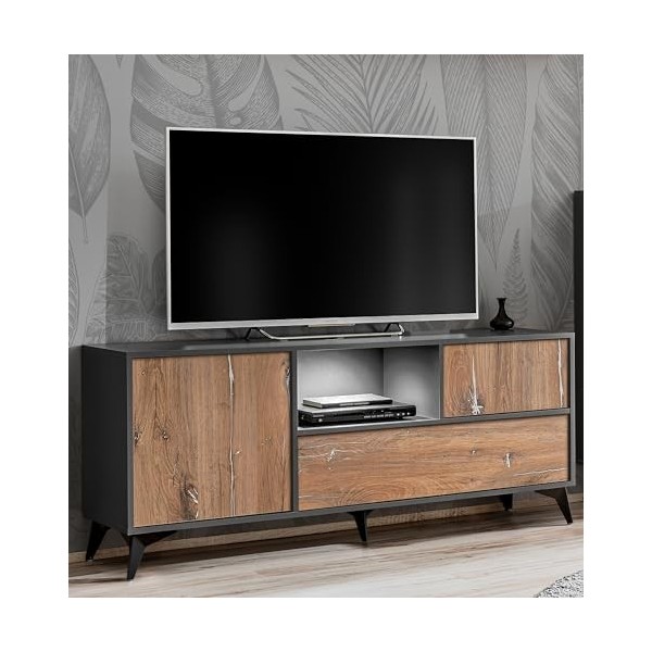 Komodee, Meuble Banc TV Orvieto, Chêne/Anthracite, Largeur 149,5cm x Hauteur 64,5cm x Profondeur 40cm, LED, pour Salon, Chamb