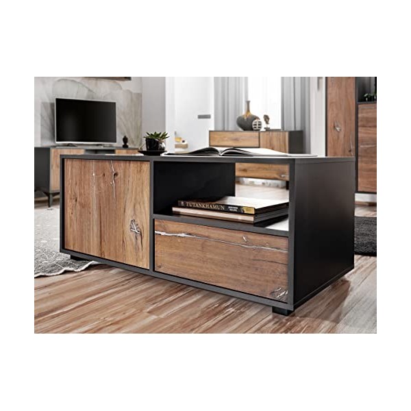 Komodee, Meuble Banc TV Orvieto, Chêne/Anthracite, Largeur 149,5cm x Hauteur 64,5cm x Profondeur 40cm, LED, pour Salon, Chamb