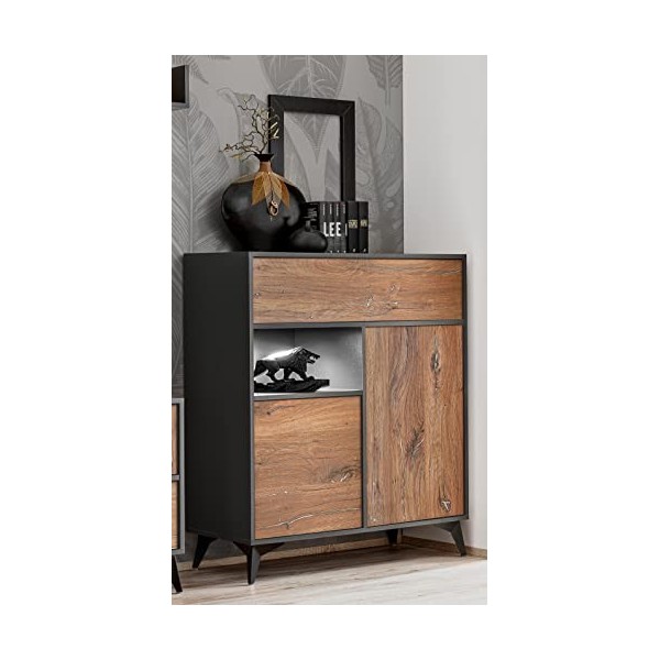 Komodee, Meuble Banc TV Orvieto, Chêne/Anthracite, Largeur 149,5cm x Hauteur 64,5cm x Profondeur 40cm, LED, pour Salon, Chamb