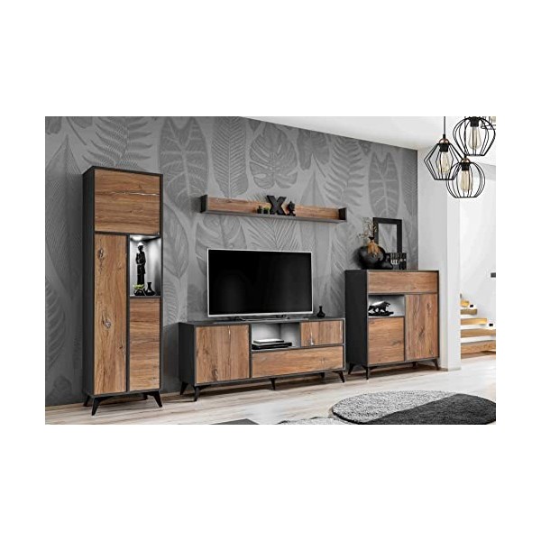 Komodee, Meuble Banc TV Orvieto, Chêne/Anthracite, Largeur 149,5cm x Hauteur 64,5cm x Profondeur 40cm, LED, pour Salon, Chamb