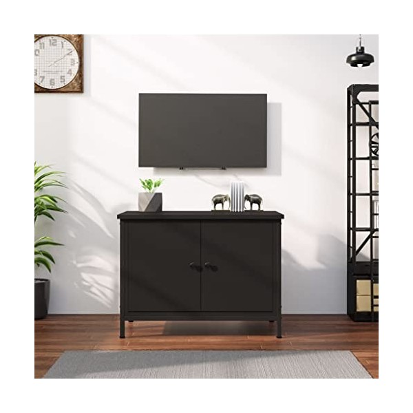 Hovothy Meuble TV avec Portes Noir 60x35x45 cm Bois dingénierie Chambre Meuble de Multimédia avec Pieds en Métal Meuble de S
