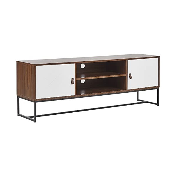 Beliani Meuble TV Effet Bois Foncé avec 2 Compatiments à Portes Blanches et Étagère Banquette Télé Fonctionnelle pour Salon M