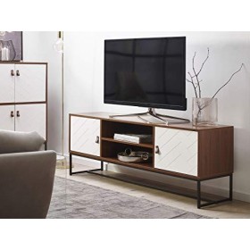 Beliani Meuble TV Effet Bois Foncé avec 2 Compatiments à Portes Blanches et Étagère Banquette Télé Fonctionnelle pour Salon M