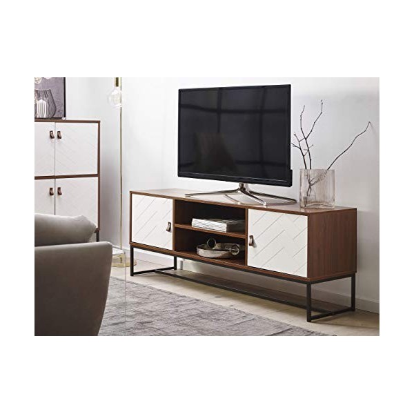 Beliani Meuble TV Effet Bois Foncé avec 2 Compatiments à Portes Blanches et Étagère Banquette Télé Fonctionnelle pour Salon M