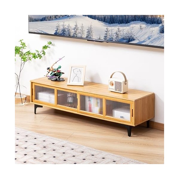 WOLWES Meuble TV Bambou Meuble Tele avec Rangement, Portes Coulissantes, Meuble Television, Table TV pour Les Téléviseurs Jus