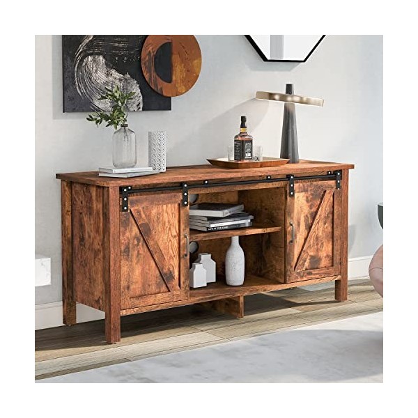 GGMWDSN Meuble TV Lowboard Vintage, Meuble TV Marron avec 2 Portes et 2 Compartiments Ouverts, éTagèRes RéGlables, Trous pour